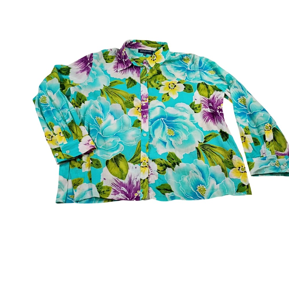 Jones New York Button Up Shirt Womens XL Turquoise Floral Cotton Crinkle Top
